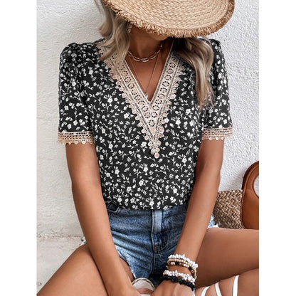 Dames Brodé Fleurs Col V Haut Chic und Stil