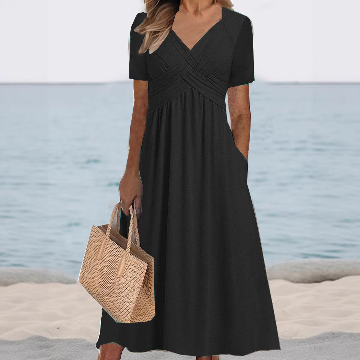 Robe maxi femme avec décolleté en V élégant et poches pratiques Chic und Stil