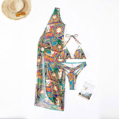 Chic and Style women's vibrant patterned swimsuit set with sheer cover-up