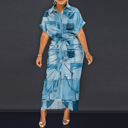 Robe midi en patchwork denim pour dames Chic und Stil
