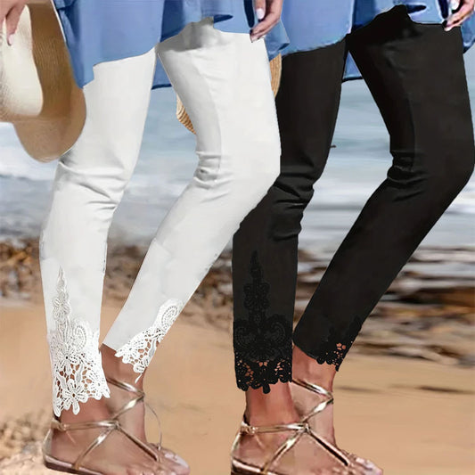 Leggings pour femmes avec ourlet en dentelle et taille élastique Chic und Stil