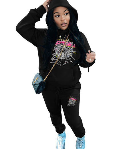 Women's hoodie and jogger pants set with a unique spiderweb design Chic and Style