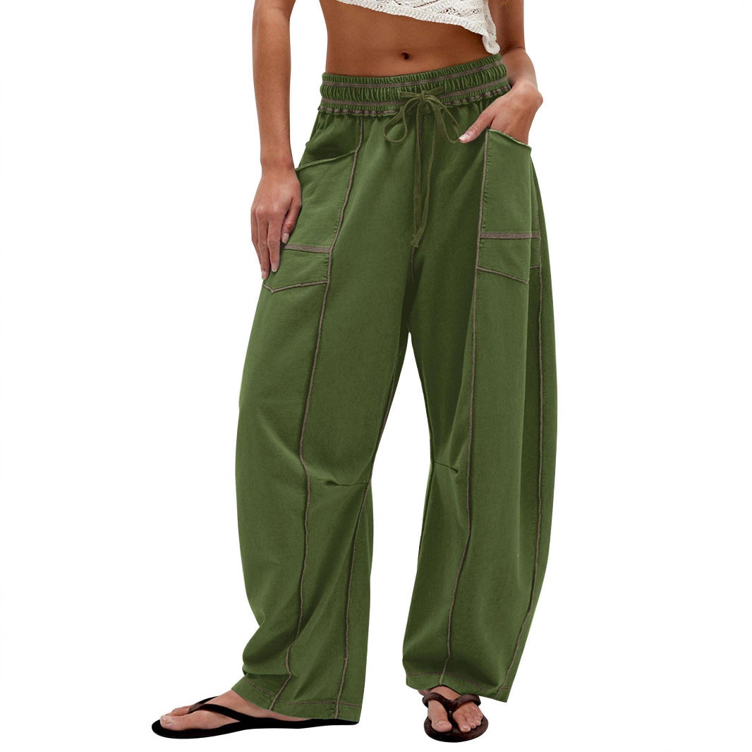 Ladies Comfortable Wide Pants with Practical Pockets and Elastic Belt Chic and Style