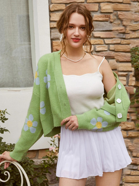 Cardigan en tricot court pour femmes avec motifs floraux et détails de boutons Chic und Stil