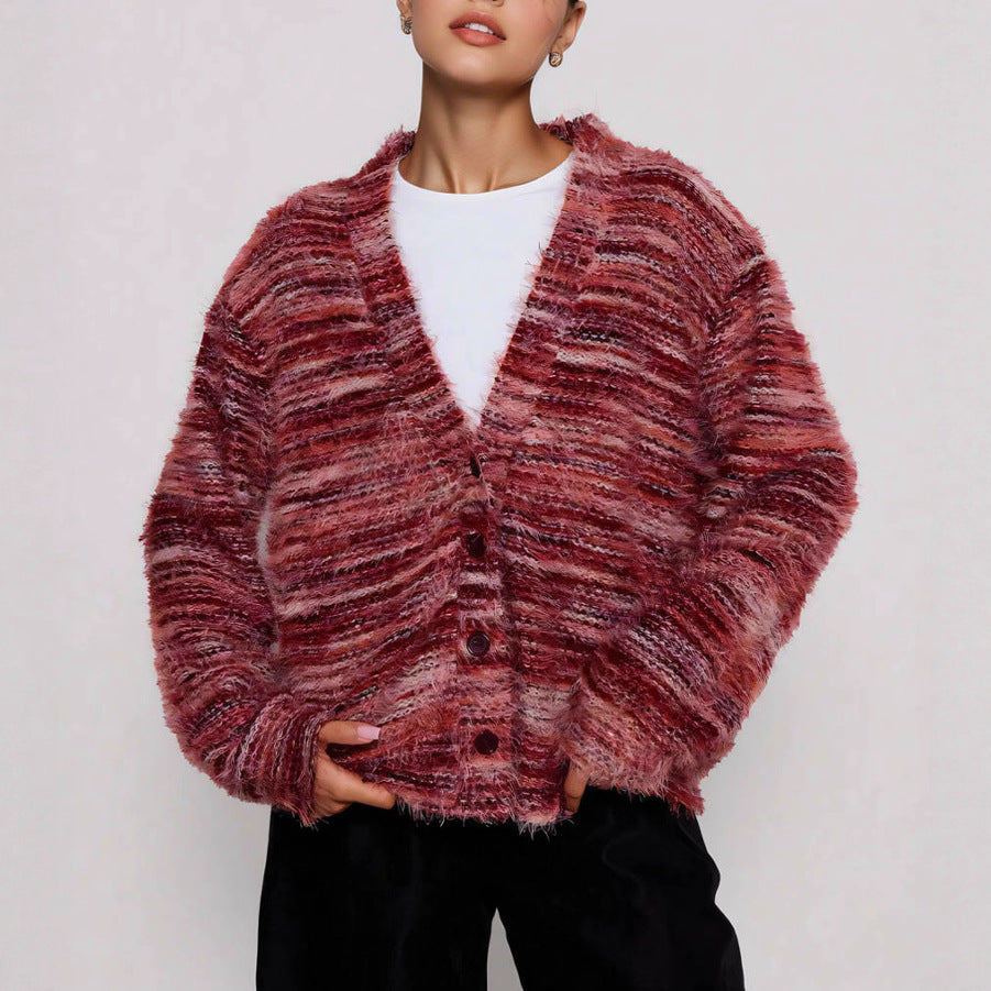 Dames Pull-over en peluche avec décolleté en V profond et coupe ample Chic und Stil