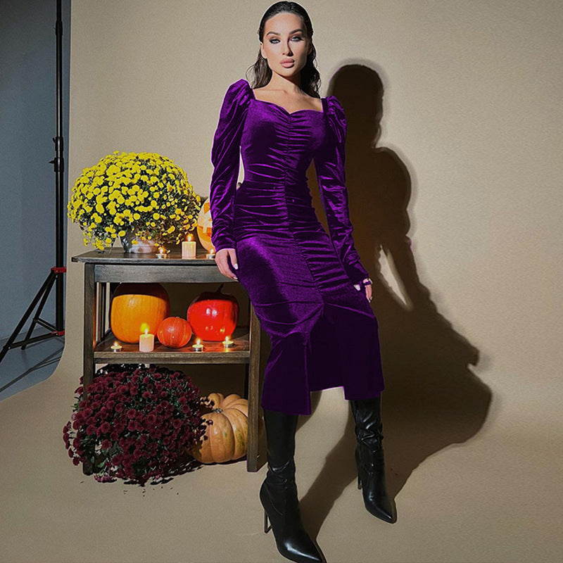 Ladies Elegant Long Sleeve Dress with Ruching and Pretty Square Neckline Chic and Style