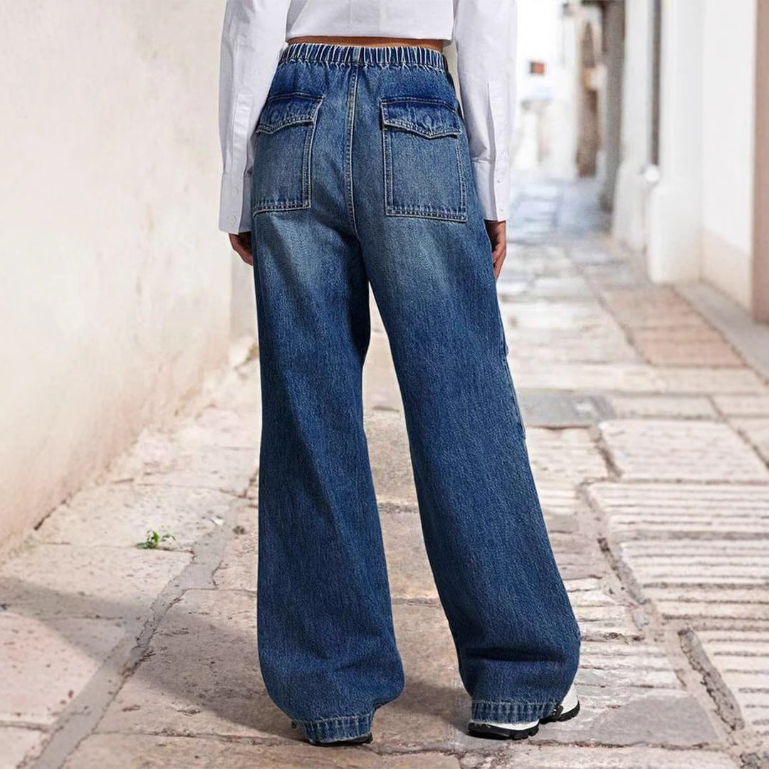High-waisted Flared Denim Pants for Women with Elastic Waist Chic and Style