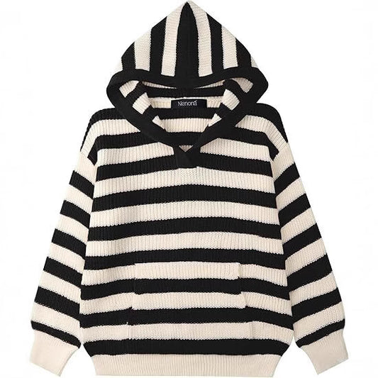 Dames Pull en tricot confortable avec capuche et motif rayé Chic und Stil