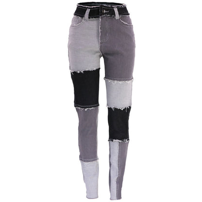 Fashionable denim pants for women with chic patchwork design.