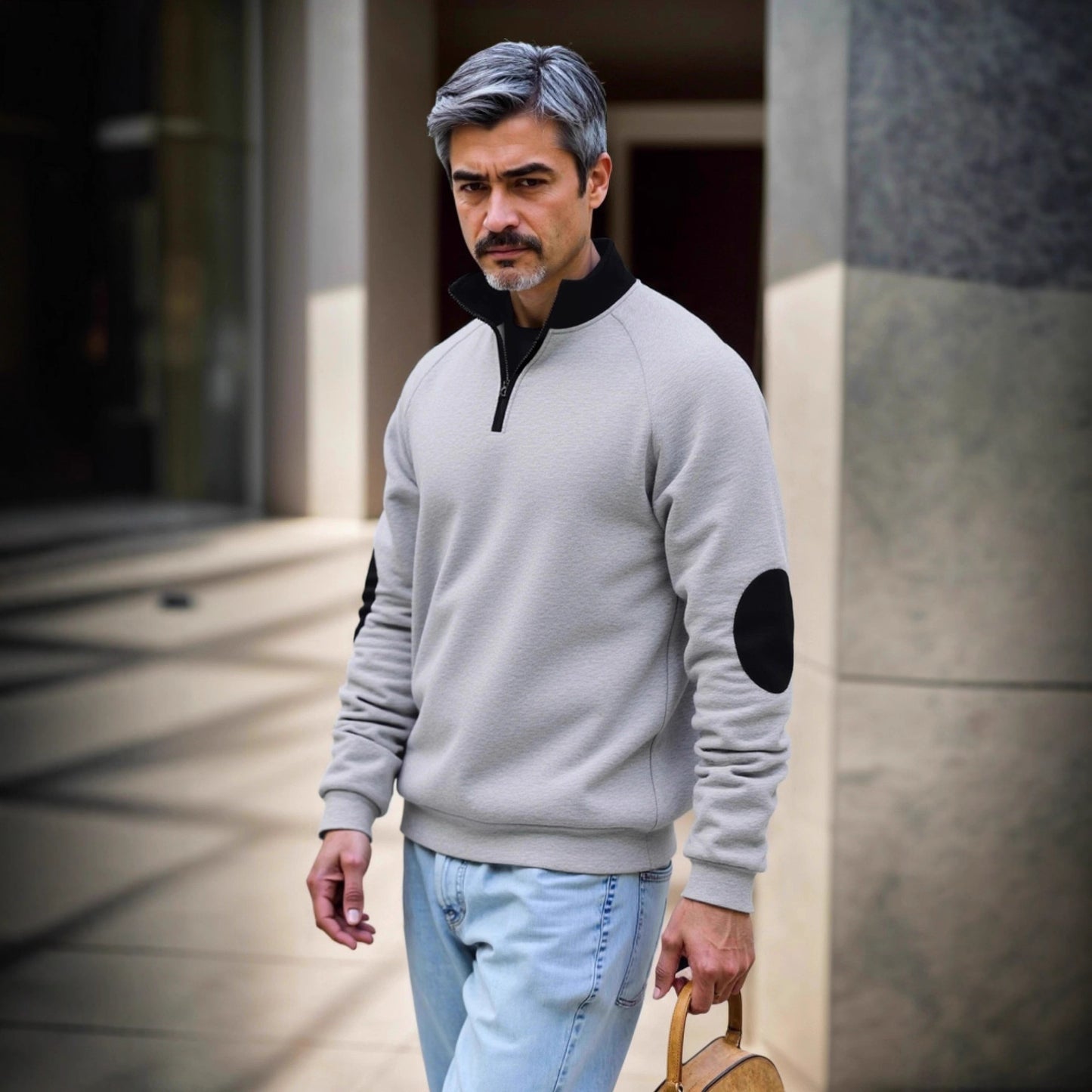 Pull en sweat-mode pour hommes avec fermeture éclair fonctionnelle et patchs contrastants aux coudes Chic und Stil