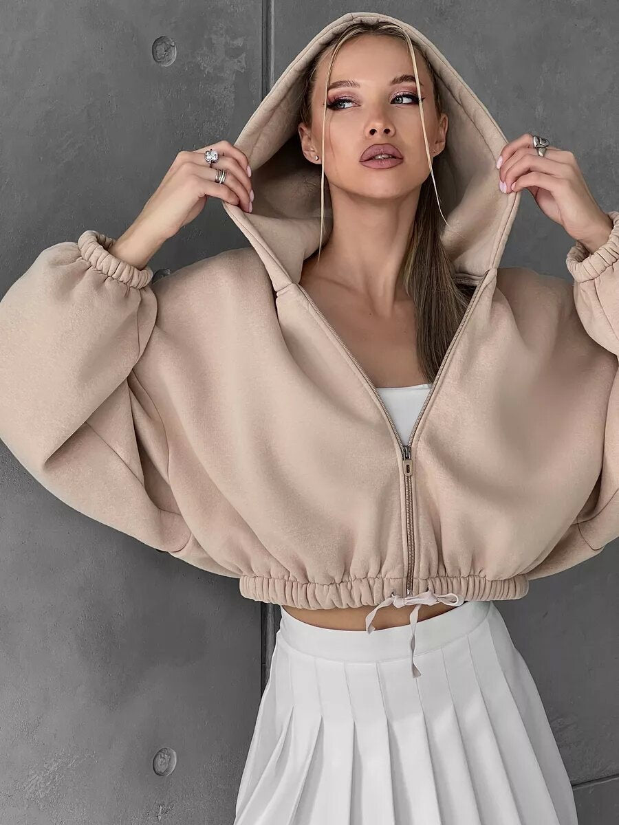 Dames hoodie court zippé avec taille ajustable Chic und Stil