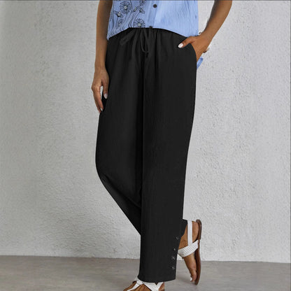 Women Elastic Waist Casual Cut Pants with Chic Button Details