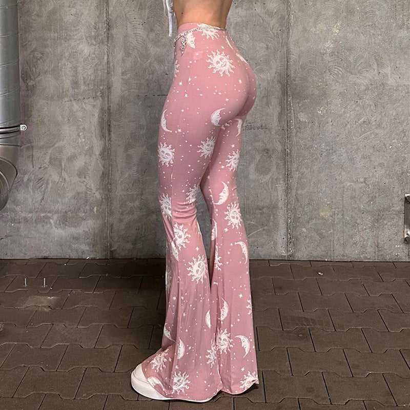 Bootcut pants for women with artistic moon and sun design Chic and Style