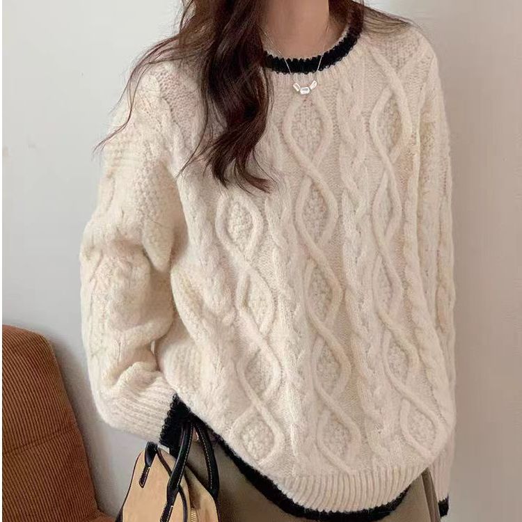 Pull en grosse maille pour femmes avec motif torsadé et finition de col contrastante Chic und Stil