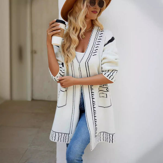 Cardigan en tricot décontracté pour femmes avec motif unique et décolleté en V profond Chic und Stil