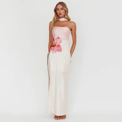 Robe maxi élégante sans épaules pour femmes avec design floral et coupe cintrée Chic und Stil