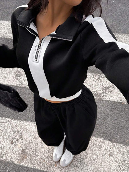 Ladies Short Sporty Hooded Sweatshirt and Casual Jogging Pants Set Chic and Style
