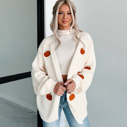 Dame cardigan avec broderie de citrouille automnale Chic und Stil