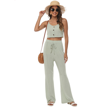 Women Short Ribbed Top and Flared Pants Set Chic and Style