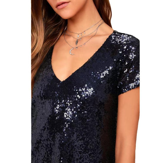 Robe à paillettes à manches courtes pour femmes avec décolleté en V Chic und Stil