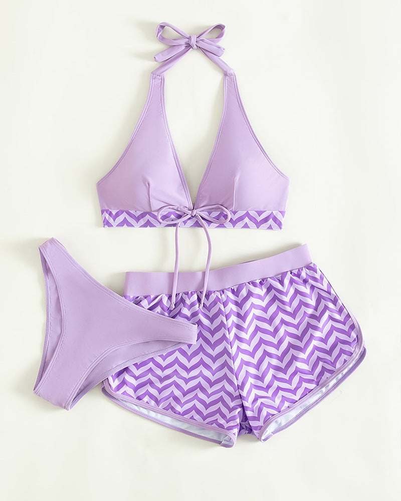 Dames Ensemble de bikini à halter élégant avec shorts imprimés Chic und Stil
