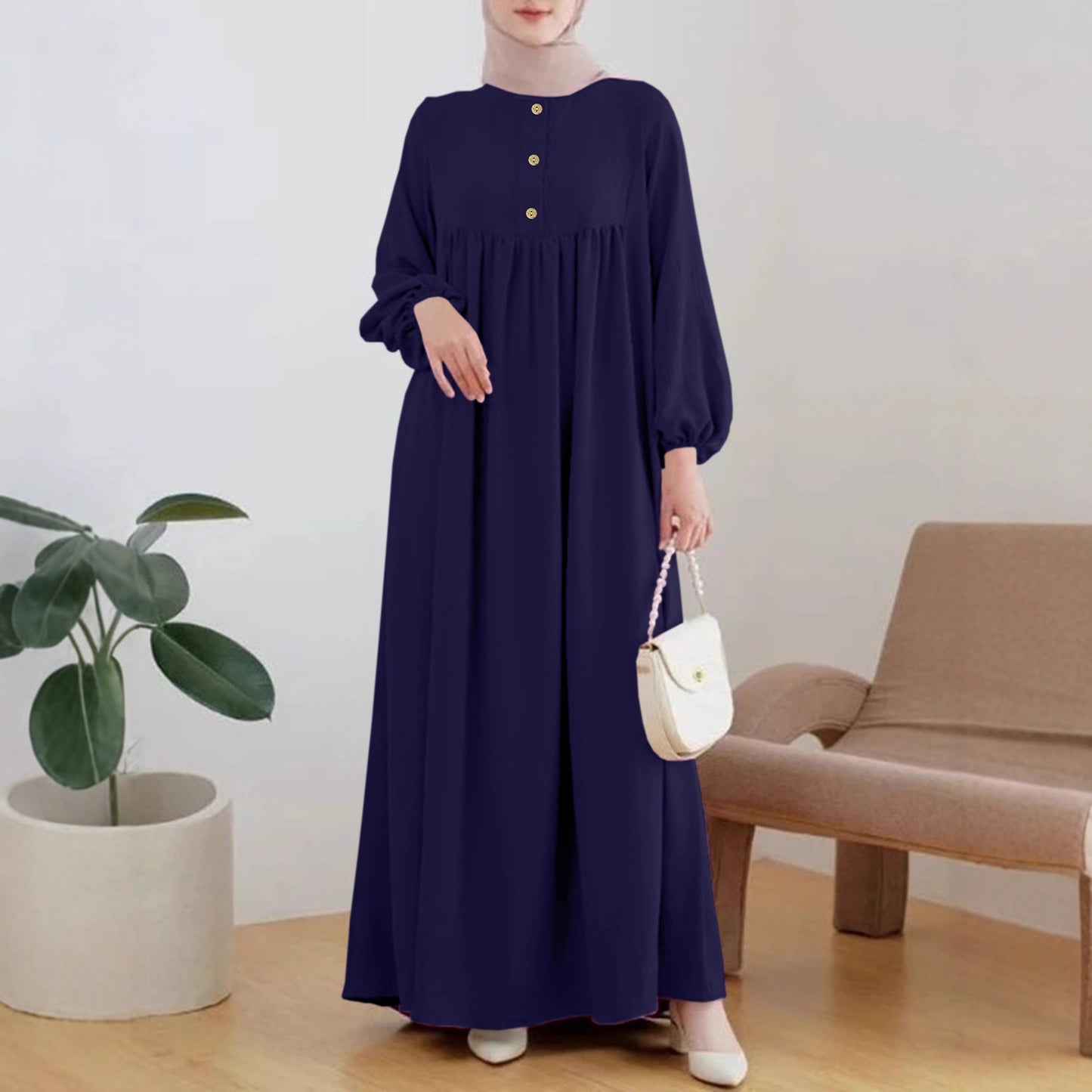 Robe maxi légère pour femme avec boutonnage confortable et élégantes manches bouffantes Chic und Stil