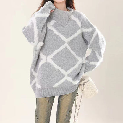 Dames Grand pull en tricot avec motif géométrique et col haut Chic und Stil
