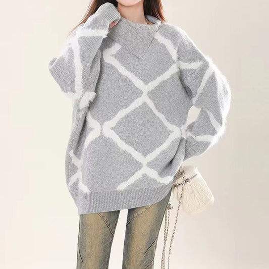 Dames Grand pull en tricot avec motif géométrique et col haut Chic und Stil