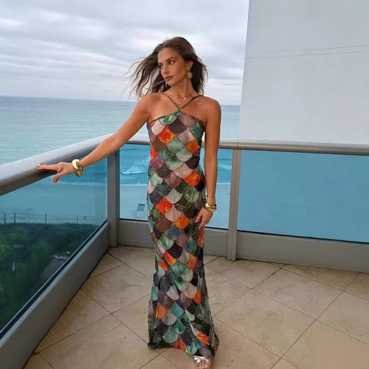 Robe maxi pour femmes en chiffon fluide avec motif écaille maritime Chic und Stil