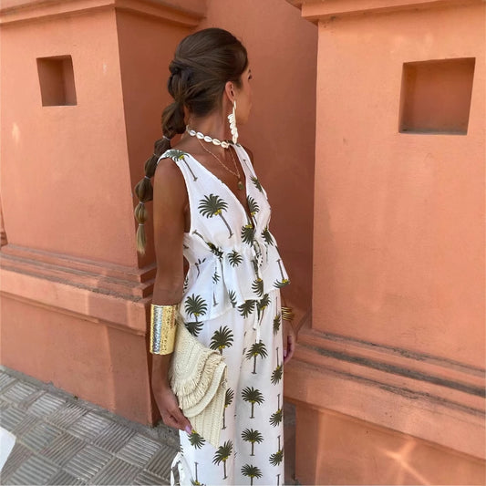 Chic and Style Women's Palazzo Pants with Palm Floral Print and Lace-Up Details on the Sides