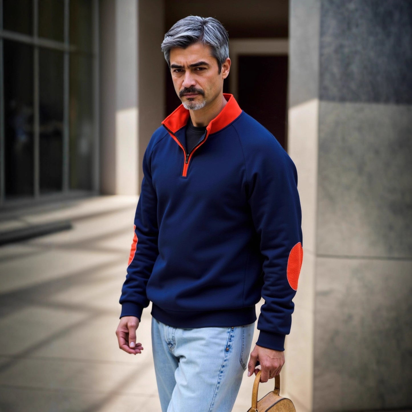 Pull en sweat-mode pour hommes avec fermeture éclair fonctionnelle et patchs contrastants aux coudes Chic und Stil