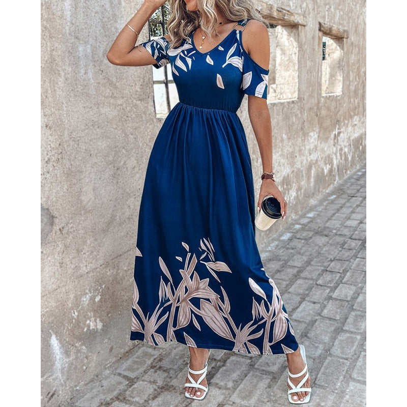 Femmes Robe Maxi Fleurs Épaule Démontée Chic und Stil