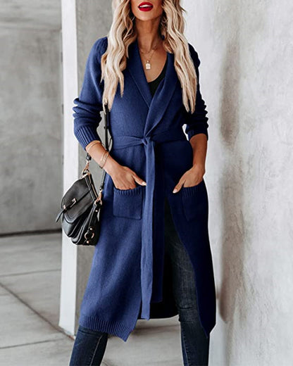 Dames élégant long Cardigan avec ceinture à la taille et poches Chic und Stil