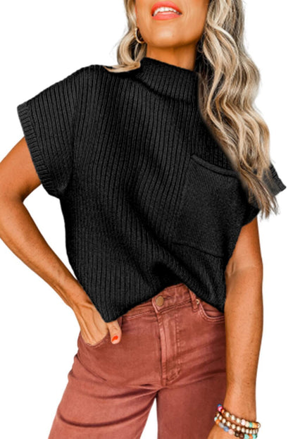 Dames décontracté pull à manches courtes avec col haut et poche plaquée Chic und Stil