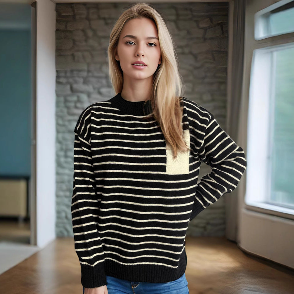 Pull décontracté en tricot pour femmes avec un large motif rayé et des épaules dépassées Chic und Stil