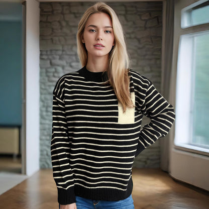 Pull décontracté en tricot pour femmes avec un large motif rayé et des épaules dépassées Chic und Stil