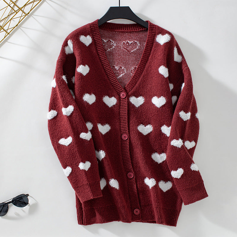 Cardigan confortable pour dames avec motif en cœur et décolleté en V Chic und Stil