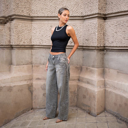 Ladies loose denim pants with jewelry details Chic and Style