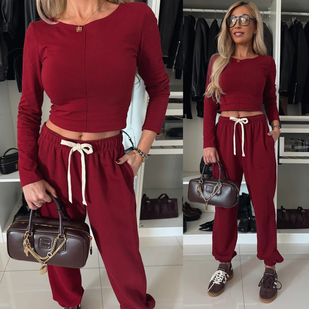 Women's lounge set with a comfortable long sleeve top and relaxed pants.