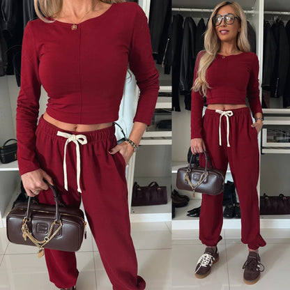 Women's lounge set with a comfortable long sleeve top and relaxed pants.