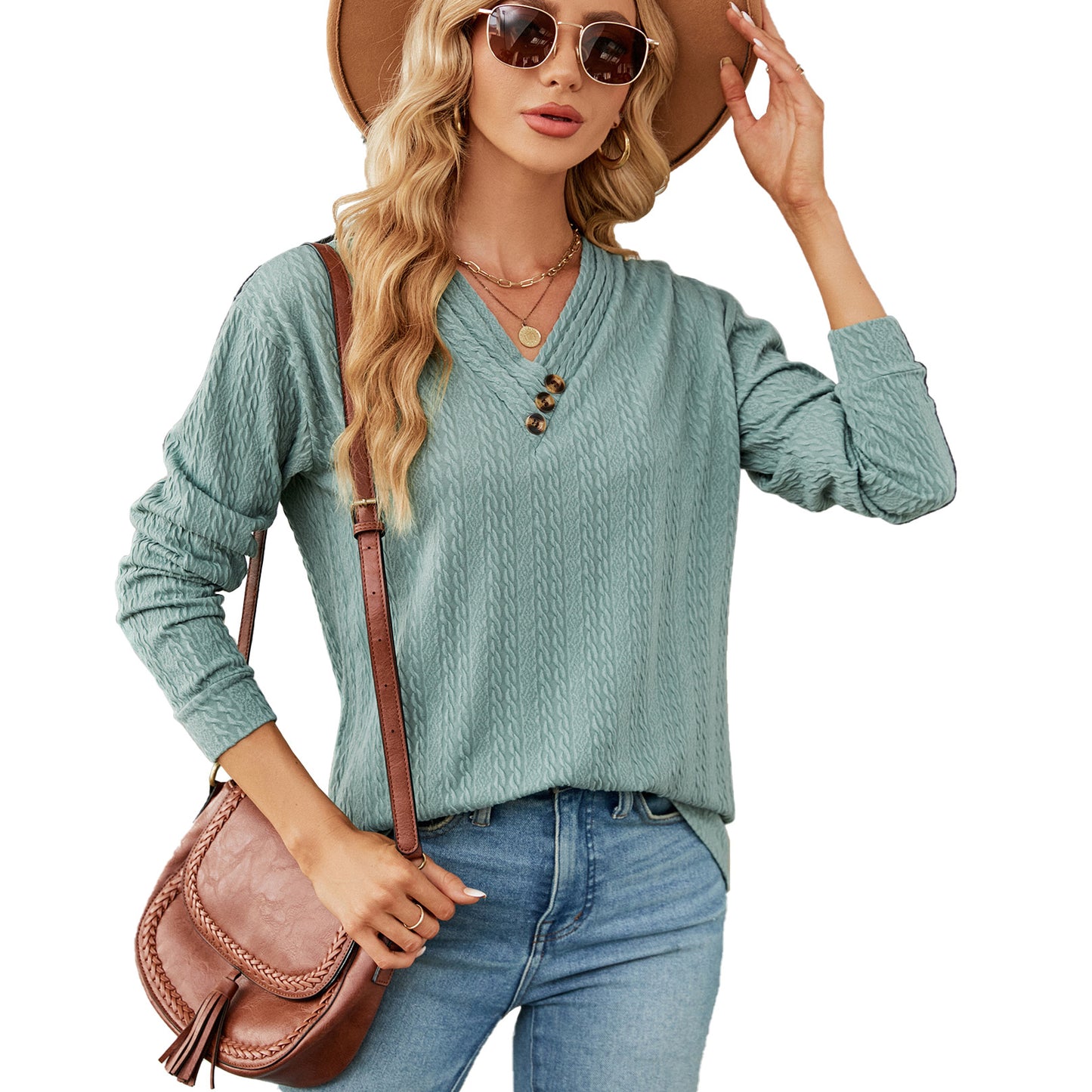 Femme haut en pull V décolleté tendance avec structure Chic und Stil