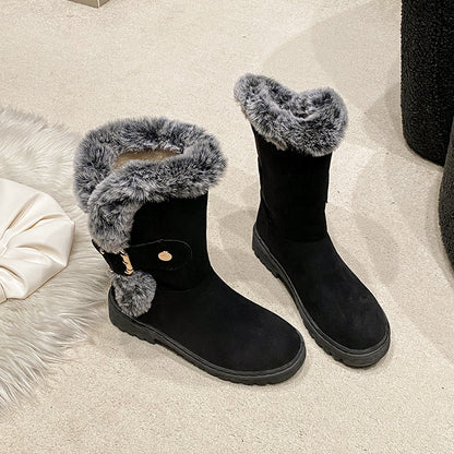 Bottes à doublure chaude pour femmes avec un col en fourrure à la mode et une belle boucle Chic und Stil