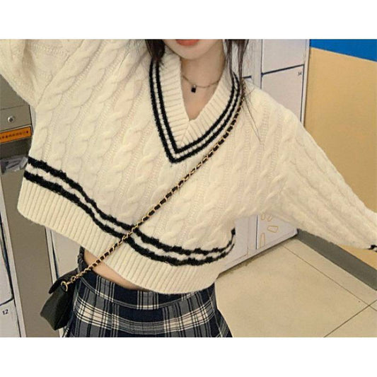 Pull en tricot à col en V et motif en relief pour dames Chic und Stil