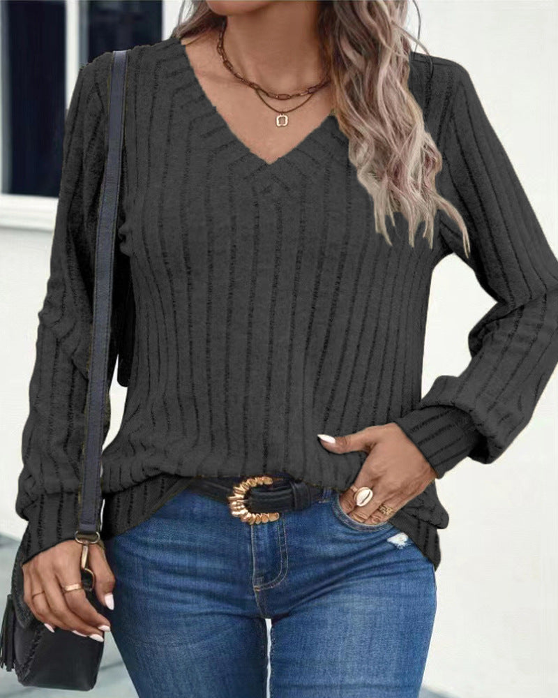 Pull-over à côtes avec col V pour dames à manches longues Chic und Stil