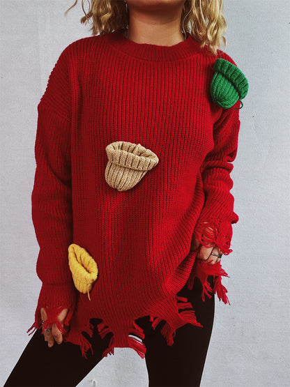Pull over-sized décontracté pour femmes avec des détails frangés et des appliques colorées Chic und Stil