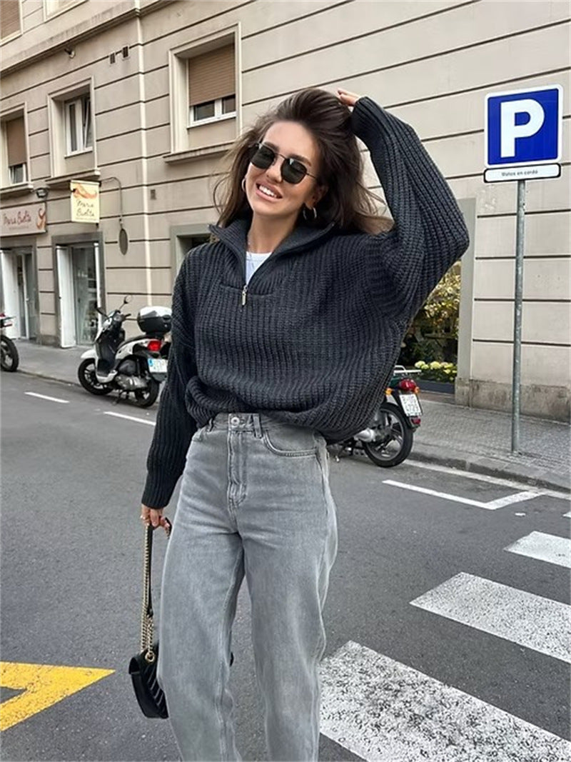 Pull femme en tricot épais avec col montant et fermeture éclair Chic und Stil