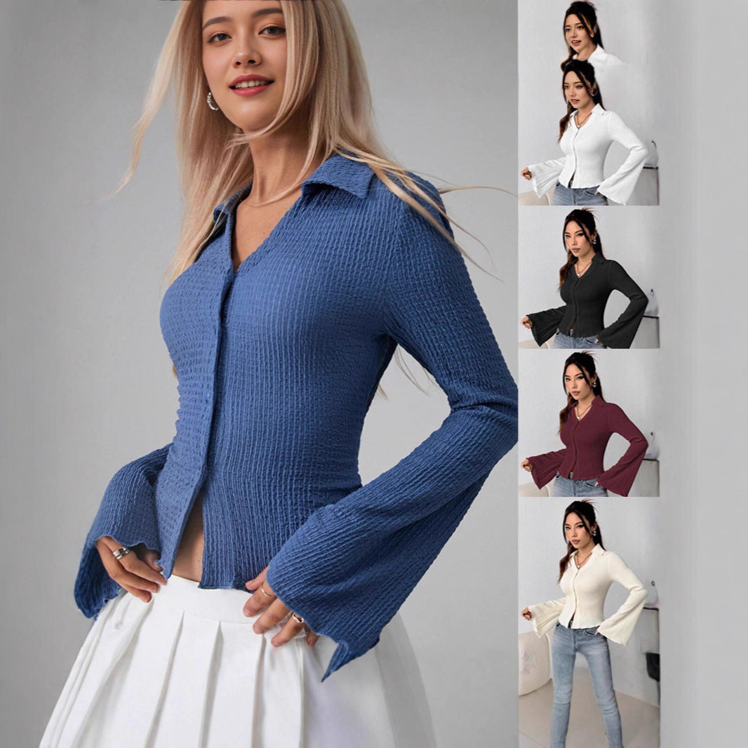 Dames Élégante T-shirt à manches longues avec texture veloutée et manches en cloche Chic und Stil