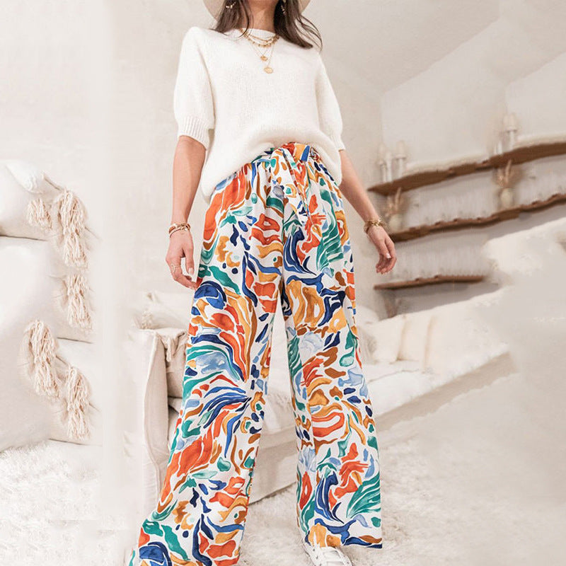 Wide palazzo pants for women with colorful pattern and elastic waist Chic und Stil