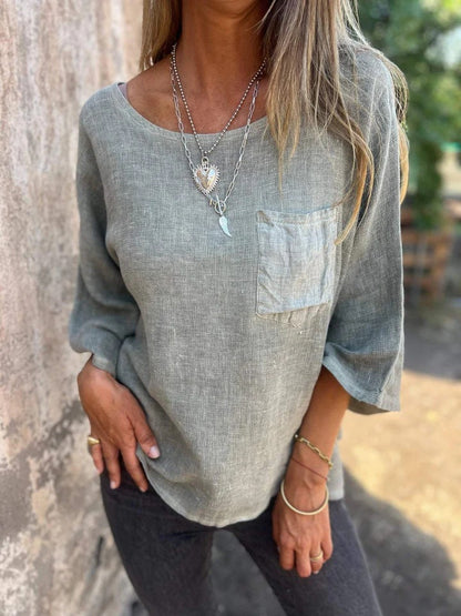 Dames haut en lin décontracté avec coupe ample et poche poitrine Chic und Stil