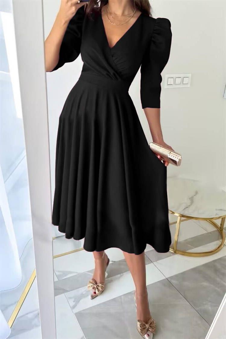 Robe A-ligne festive pour femmes avec manches bouffantes et décolleté en V Chic und Stil